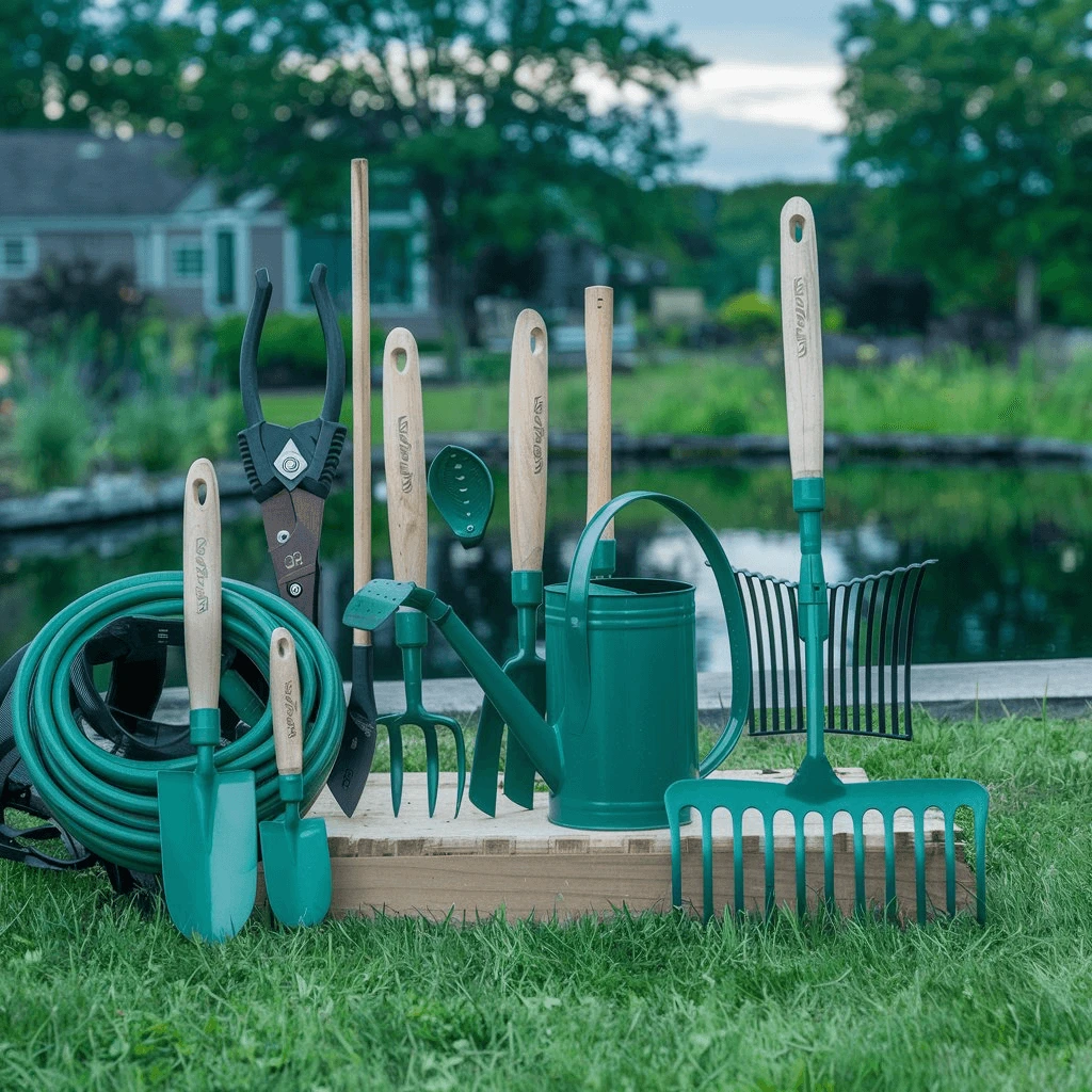 A collection of green gardening tools, including a watering can, trowels, rakes, and a hose, neatly displayed on a wooden platform in a grassy area near a pond and a house.