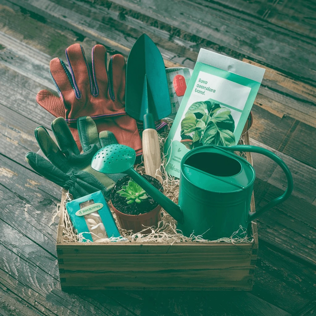 A wooden box containing gardening essentials, including gloves, a trowel, a small watering can, seed packets, a potted plant, and plant markers, placed on a rustic wooden surface.