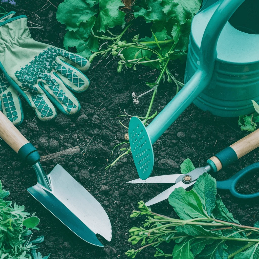  A neatly organized display of practical gardening accessories, including tools, gloves, a watering can, and a coiled hose, set against a lush garden backdrop.